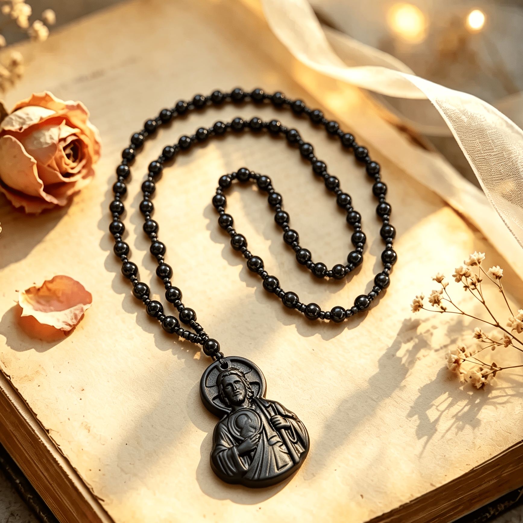 2pc Vintage Black Beaded 3D Embossed Icon Pendant Necklace Set